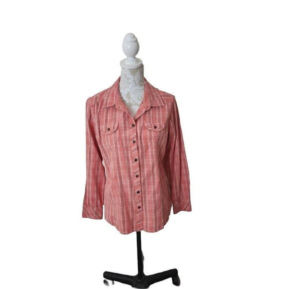 Woolrich Women Button Top Long Sleeves Check 100% Cotton Orange Size Large - Picture 1 of 9